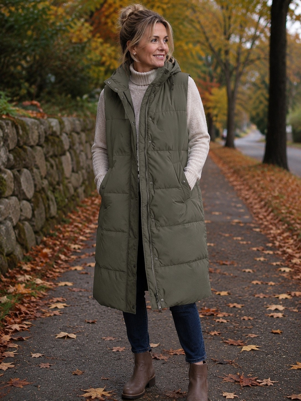 Mondetta Olive Long Quilted Hooded Puffer Vest Xl